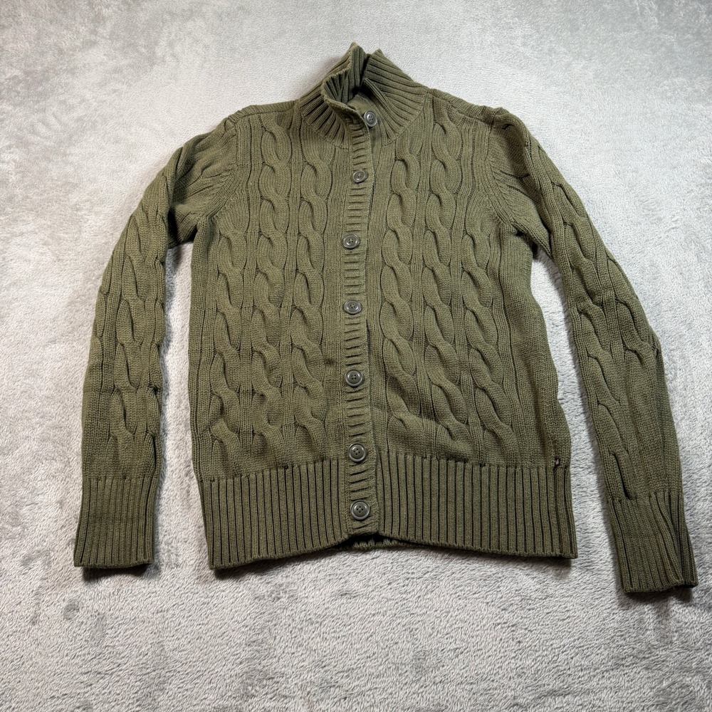 Vintage Polo Jeans Company Cable Knit Cardigan Mens Medium Olive Green Mock Neck